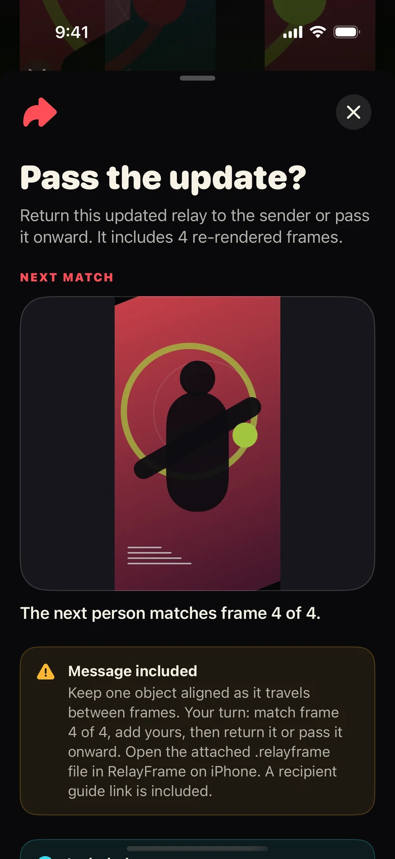 RelayFrame invitation preview showing the exact frame a friend should match