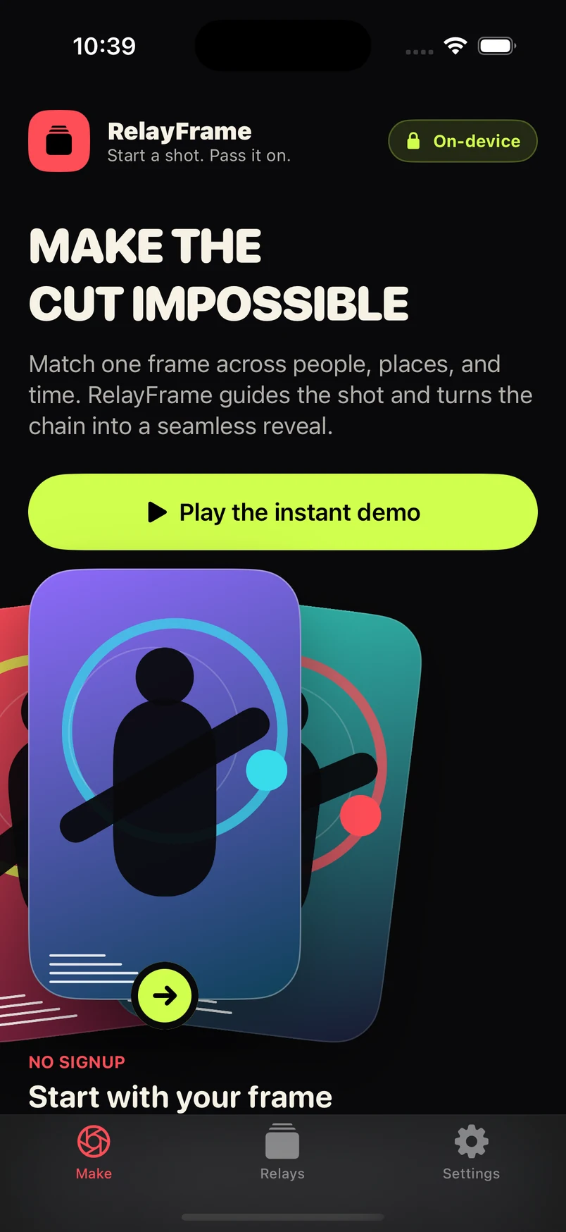 RelayFrame home screen with instant demo and private creation options